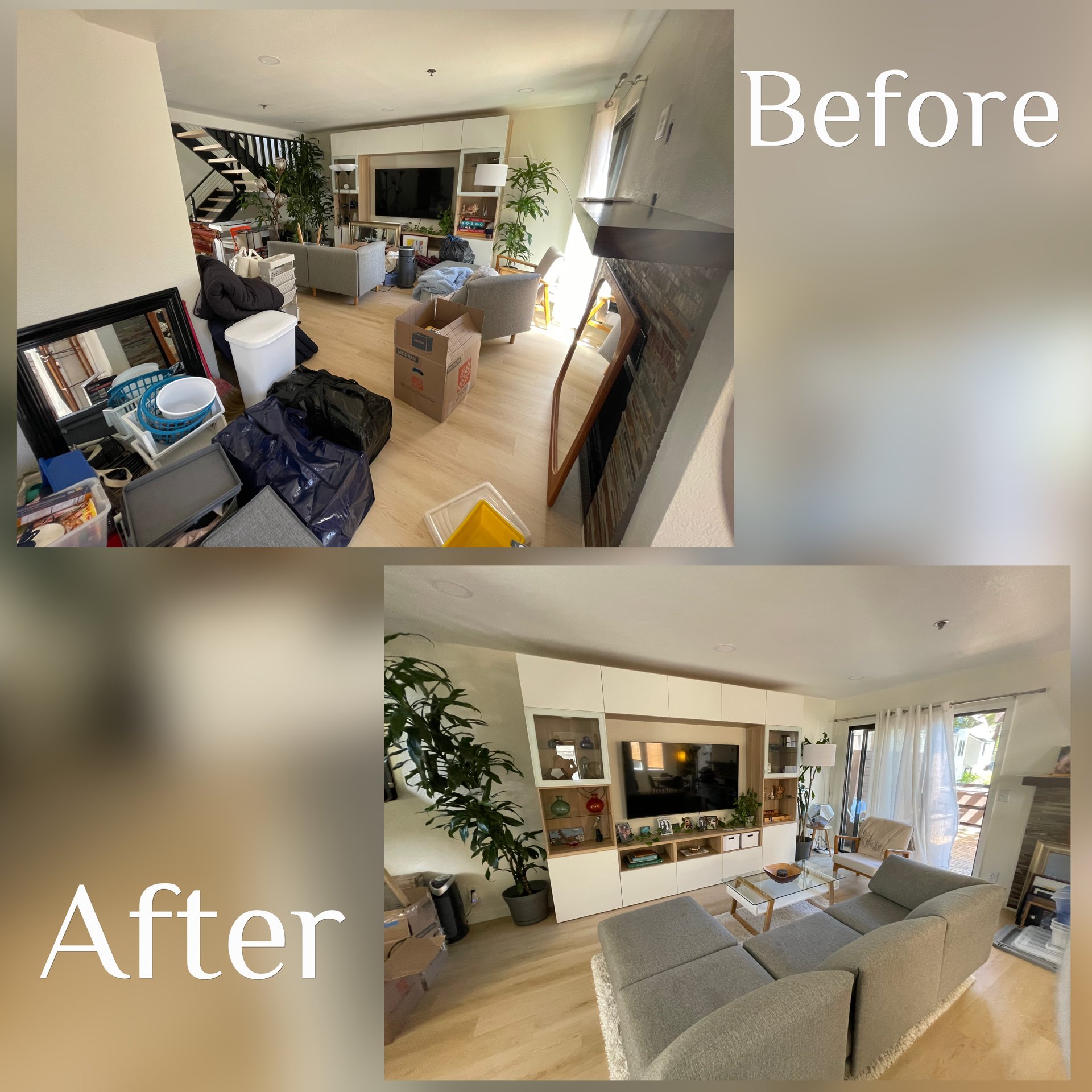 Living room before and after decluttering and organization